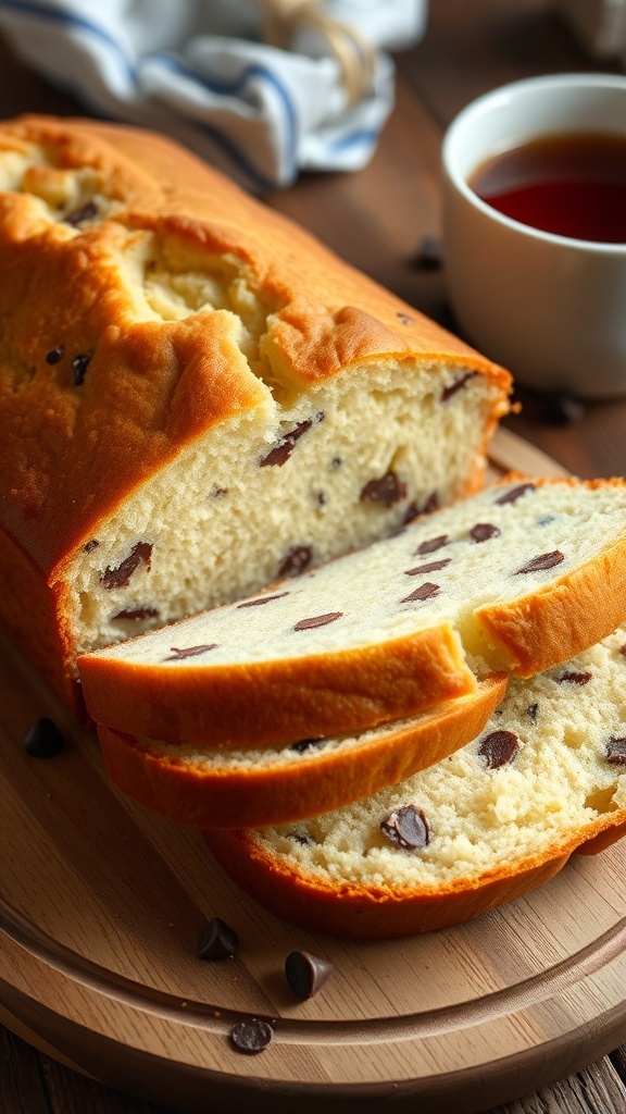 Slices of homemade sandwich bread cake on a wooden board, with chocolate chips and a cup of tea.